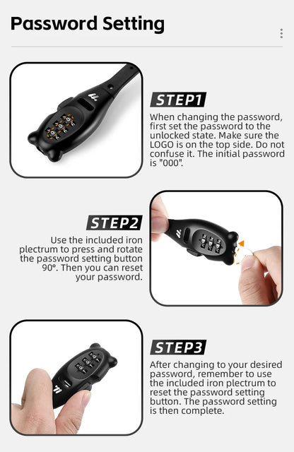 Portable Cable Combination Lock - Zinc Alloy, 3-Digit, 31cm & 53cm, Helmet & Bike