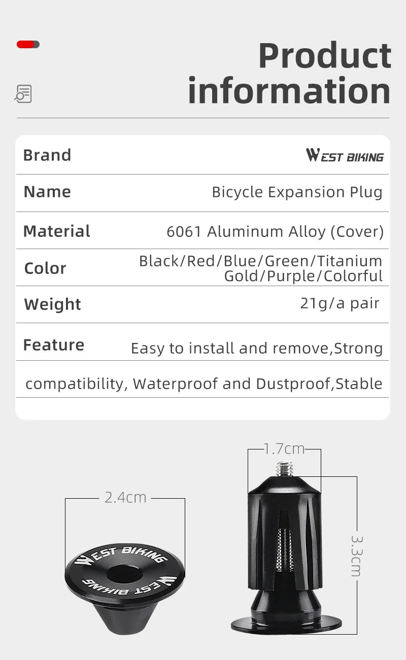 Aluminum Alloy Handlebar Bar End Plugs - 6061, Mechanical Expansion, 8 Colors