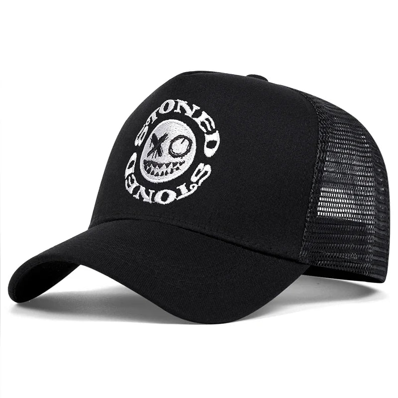 Smiley Face Embroidery Baseball Cap - Mesh Trucker, Adjustable, Unisex