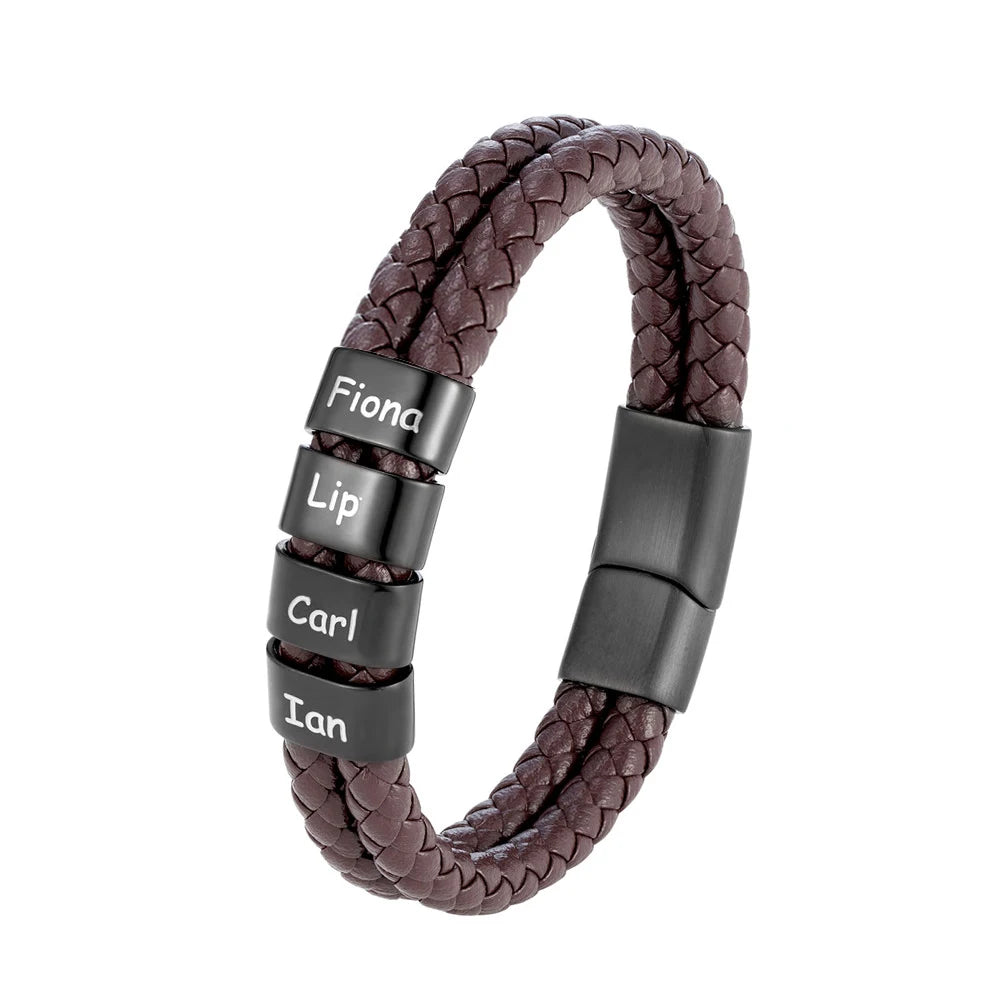 Pulsera de cuero trenzado personalizada con nombre de familia para hombre con dije de acero inoxidable
