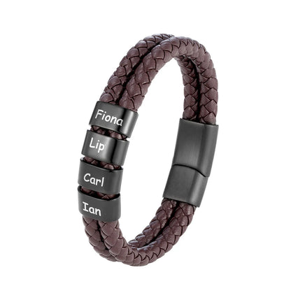 Pulsera de cuero trenzado personalizada con nombre de familia para hombre con dije de acero inoxidable