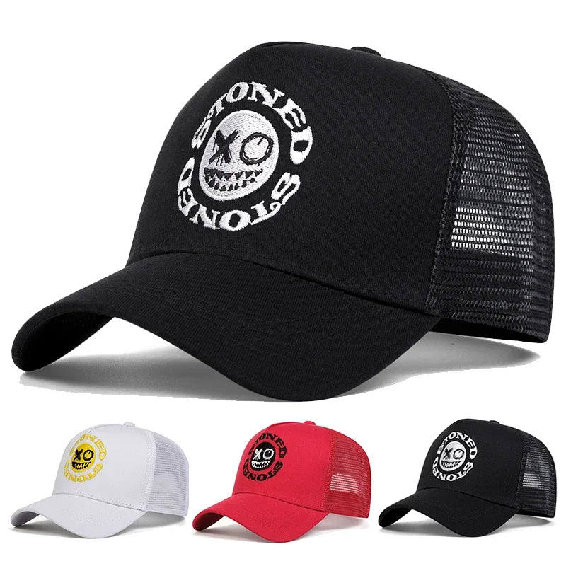 Smiley Face Embroidery Baseball Cap - Mesh Trucker, Adjustable, Unisex