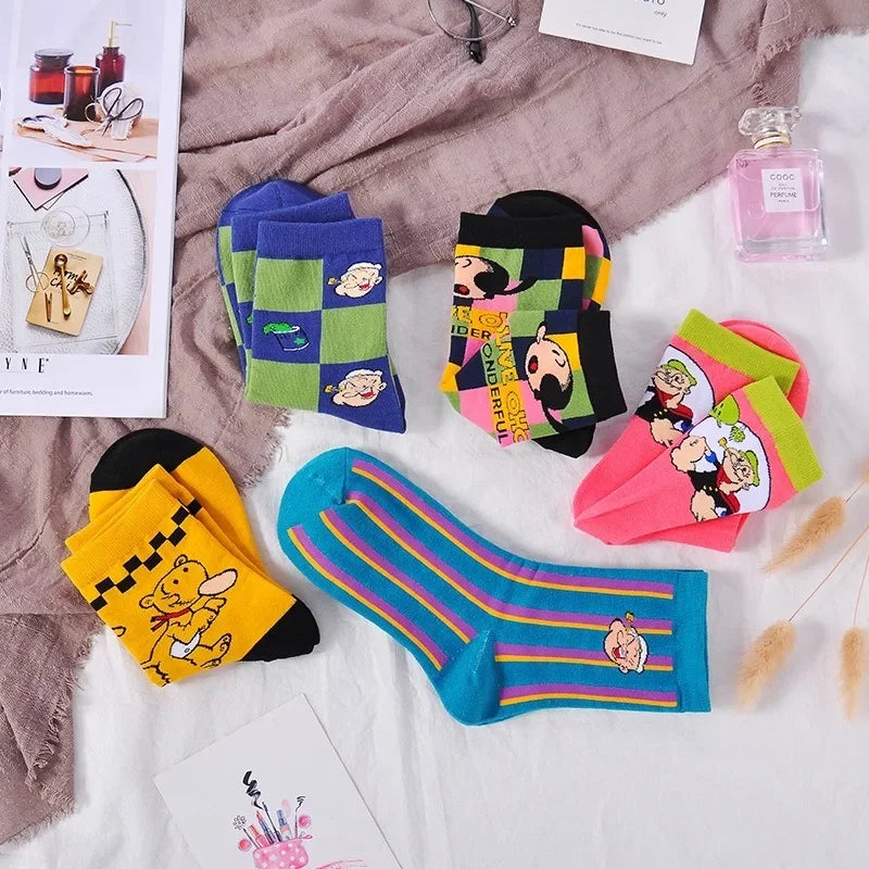 Cartoon Print Cotton Crew Socks - Jacquard, 5 Designs, Unisex EU 35-41