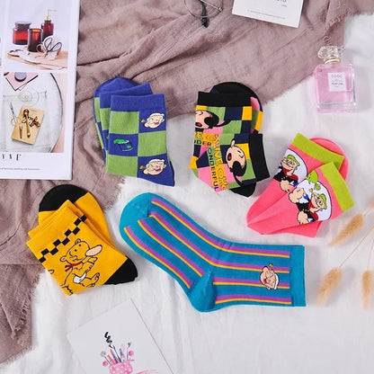 Cartoon Print Cotton Crew Socks - Jacquard, 5 Designs, Unisex EU 35-41