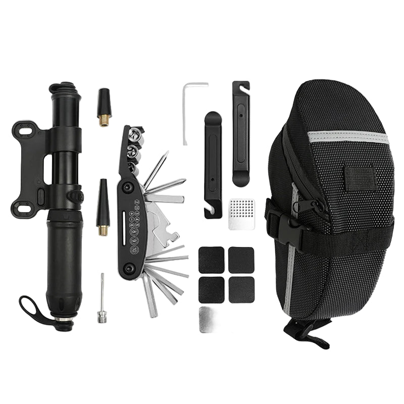 Collection of bike maintenance tools including a pump, tool kit, and seat on a white background