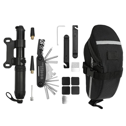 Collection of bike maintenance tools including a pump, tool kit, and seat on a white background