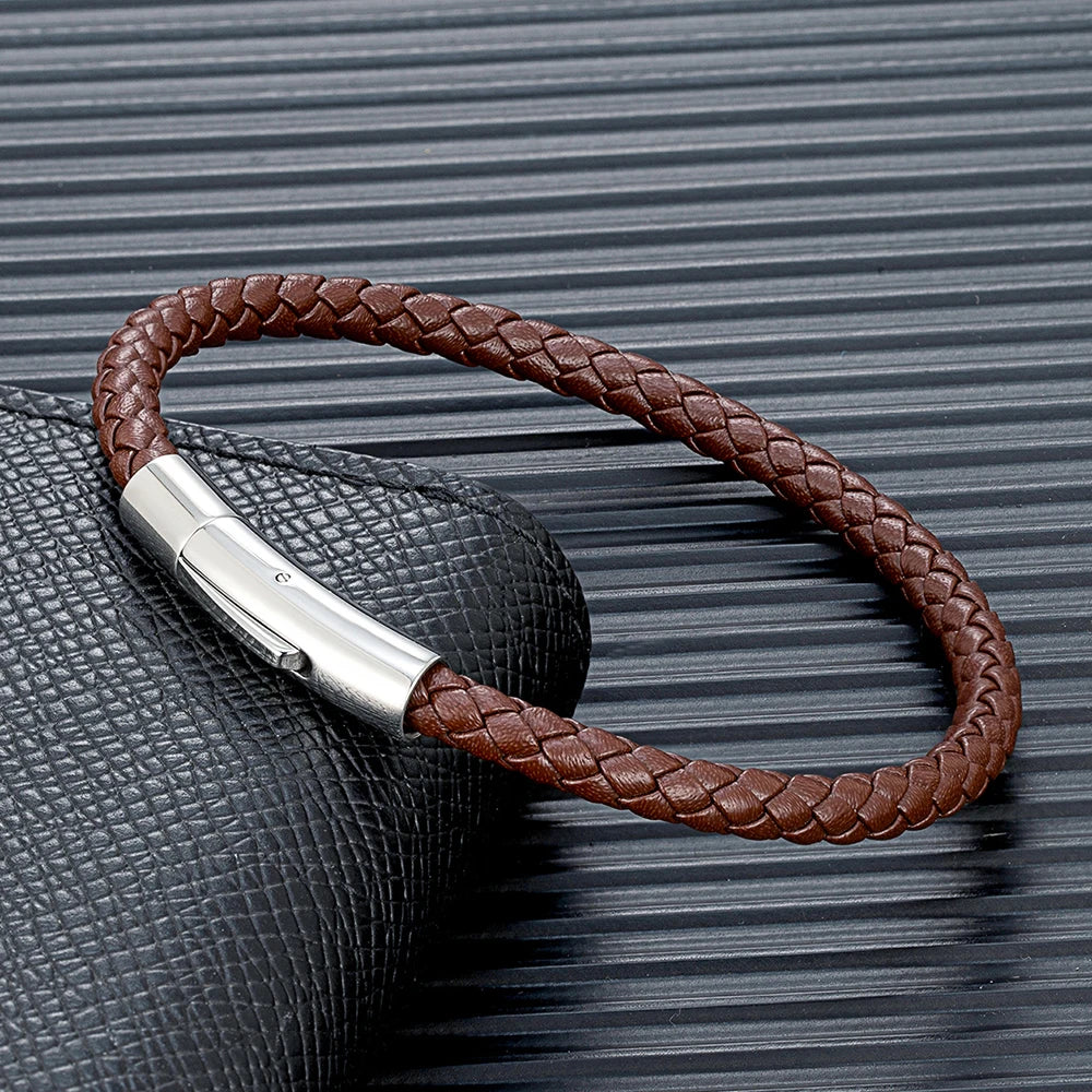 Braided Leather Bracelet - Magnetic Clasp Wristband for Men & Women