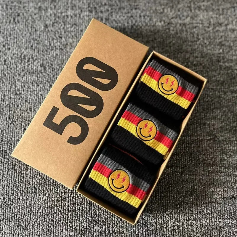 Striped Cotton Socks 3-Pack Gift Box – Unisex Skateboarding & Street Style