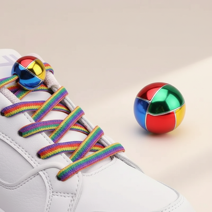 No-tie elastic shoelaces with colorful buckle on a white sneaker