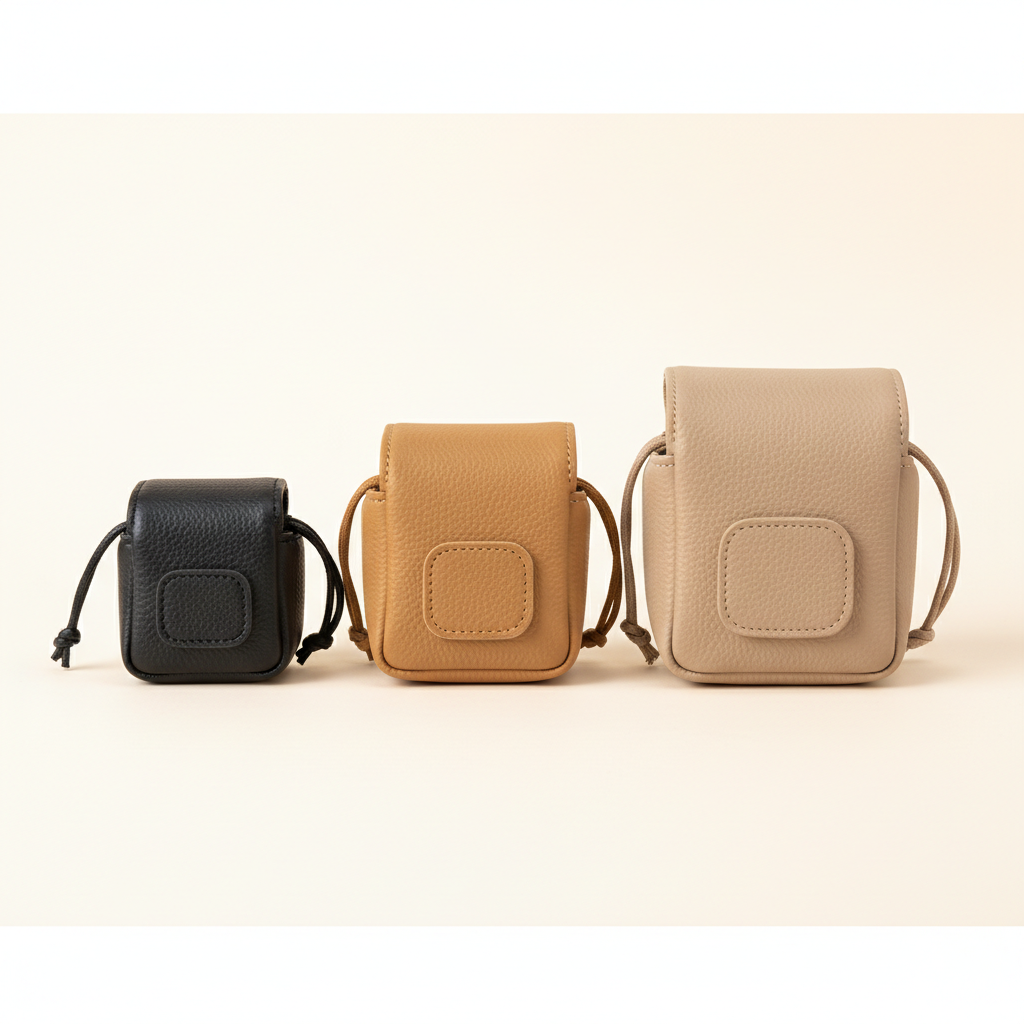 Unbranded compact PU leather camera pouches in black, tan, and beige