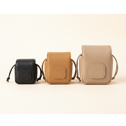 Unbranded compact PU leather camera pouches in black, tan, and beige