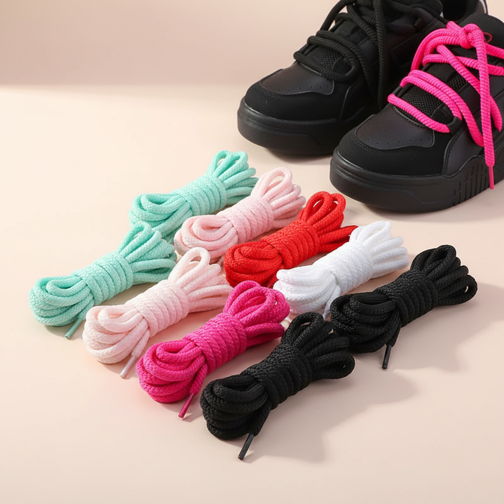 Round replacement shoelaces in multiple colors beside black sneakers