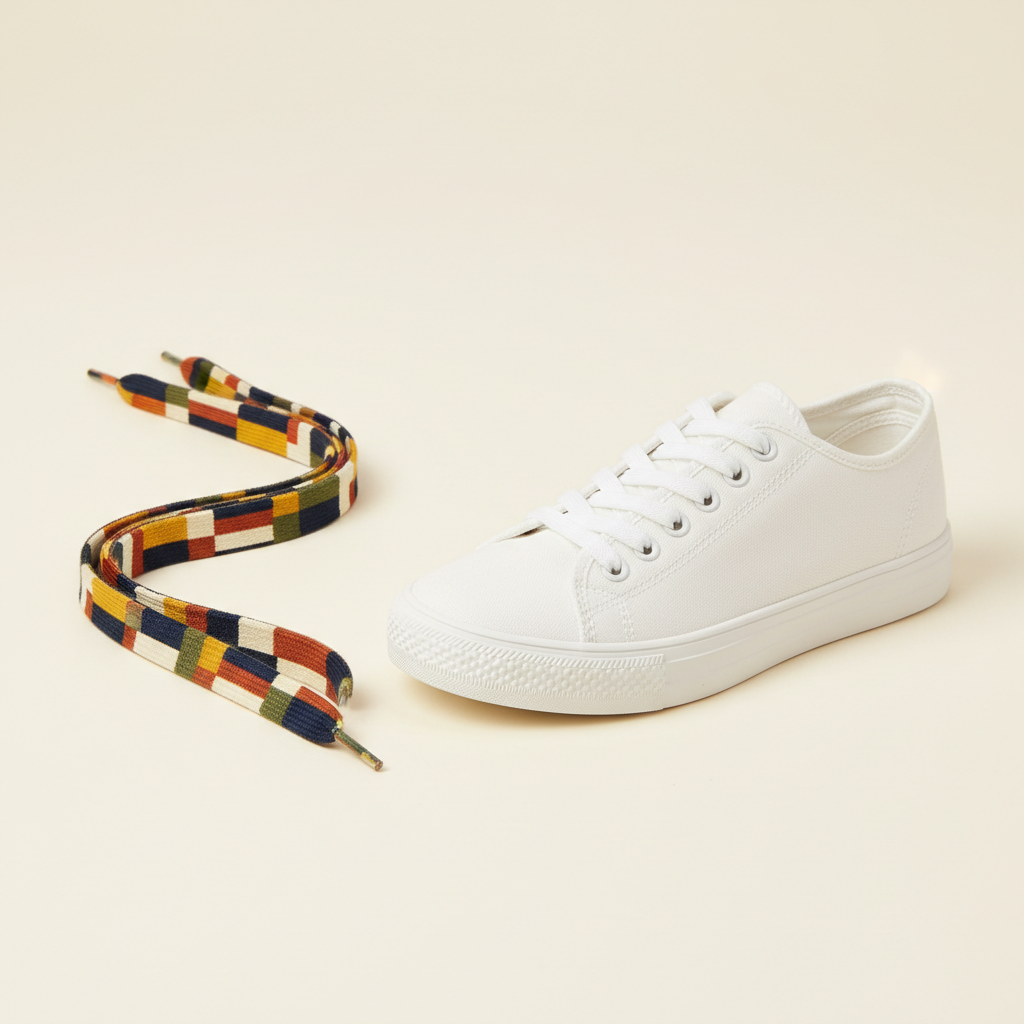 Printed flat shoelaces with abstract geometric pattern beside a white sneaker