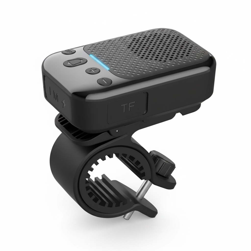 Waterproof Bluetooth speaker with handlebar mount clamp, black, white background studio photography