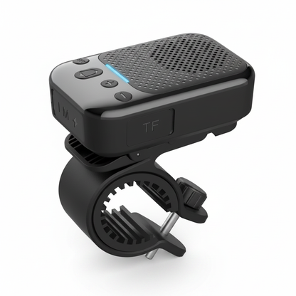 Waterproof Bluetooth speaker with handlebar mount clamp, black, white background studio photography