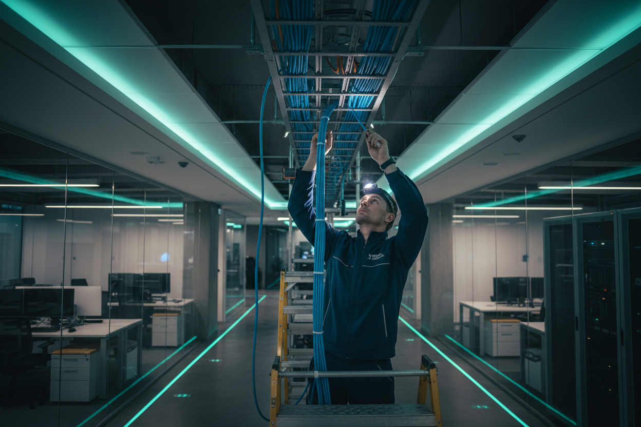 Network Technician Installing Ethernet Cables - Professional Structured Cabling